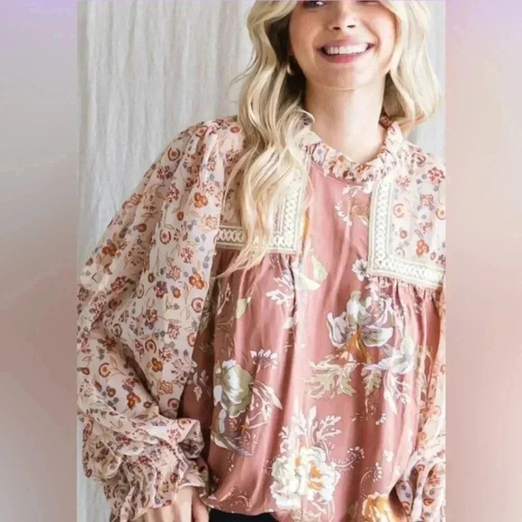 Shop the Mint Making Moves Mauve Pink Floral Print Chiffon Blouse Sz M - Picture 4 of 16